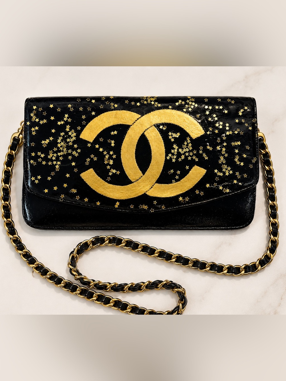 CHANEL "TWILIGHT" Black Patent Leather  Purse with Gold CC Emblem